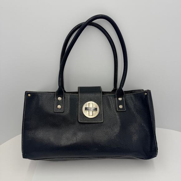 Vintage Kate Spade Black Shoulder Bag Purse Gold Hardware Striped Interior - Picture 1 of 16